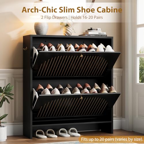 Nicetree Arch-Chic Shoe Cabinet for Entryway, Modern Mid-Century Shoe Storage Cabinet with Fluted, Narrow Shoe Rack with Adjustable Shelves & Tipping Protection, Fits Size 12 Shoes,Black - color: Black, style: 2 Flip Drawer - Fluted Arch