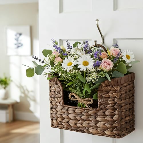 PINXIURY Magazine Holder Wall Basket Water Hyacinth Woven Mail Organizer, Wicker Wall Hanging Baskets for Magazines, Letters & Storage Decorative Mail Holder, Magazine Rack, Hanging Basket, Coffee - color: Coffee