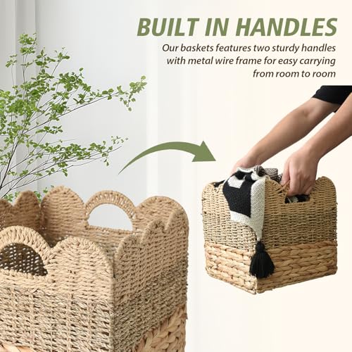 12x12 Storage Cube Bins Wicker Storage Basket for Cube Shelf, Set of 4 Collapsible Scalloped Storage Bins with Handle, Square Woven Baskets for Organizing Shelves Bedroom Pantry - color: Natural