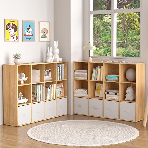 Wooden 12 Cube Storage Organizer with Closed Back Panel,Natural Oak Cube Shelf Cubby Storage Organizer with Compartments for Living,Bookshelf, Easy to Install (Oak, 12-Cube-11in) - color: Oak, size: 12-Cube-11in