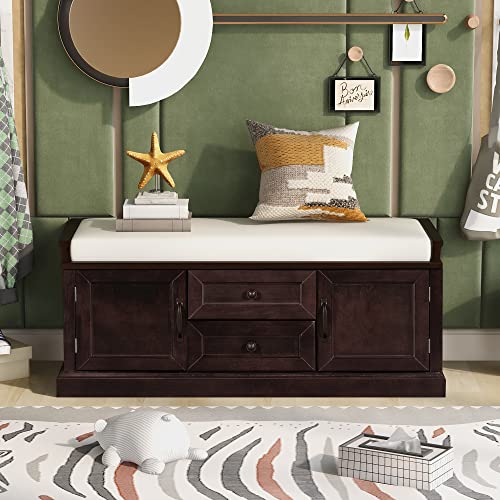 P PURLOVE Rustic Wood Storage Bench with 2 Cabinets and 2 Drawers, Wood Shoe Bench with Removable Cushion for Entryway, Hallway - color: Espresso, size: with 2 Drawers and 2 Cabinets