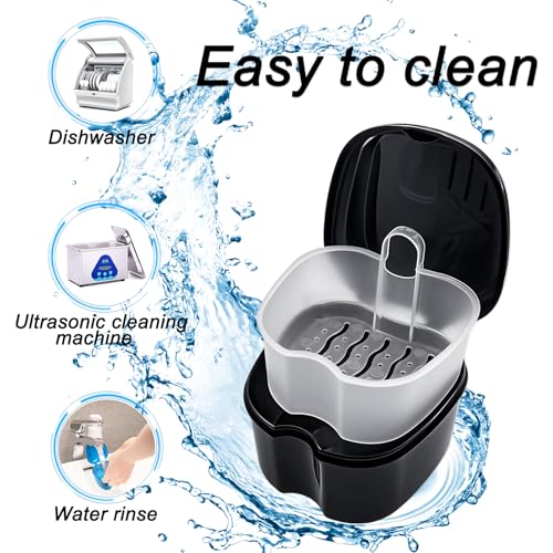 Black Denture Soaking Container Partial Denture Case, Orthodontic Retainer Cleaning Case Denture Cleaner Container Dentures Teeth Cup with Strainer and Lid Waterproof - color: Black
