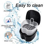 2 Pack Travel Denture Bath Case Set Orthodontic Dental Box Case with Brush, Denture Soaking Cup False Teeth Retainer Container for Clear Braces, Mouth Guard, Night Guard - color: Black & Purple