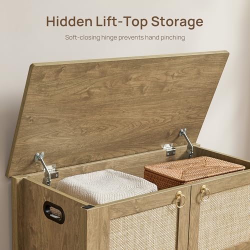 SICOTAS Rattan Shoe Rack Bench with Lift Top Storage: Farmhouse Boho Wide Shoe Cabinet Entryway Bench with Safety Hinges, Wooden Storage Chest for Bedroom, Entryway, Hallway, Living Room - color: Carbon Cherry