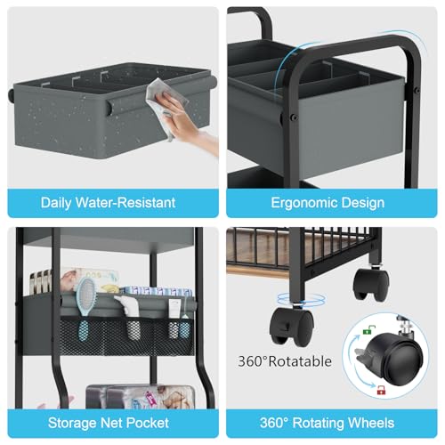 3-tier Baby Diaper Caddy Organizer and Storage Cart with 4+3 Dividers, Metal Utility Cart with Lockable Wheels for Nursery, Bedroom, Bathroom, Black - color: Black