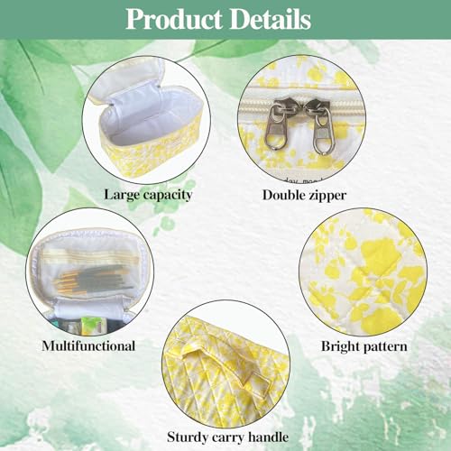 Yellow Large Quilted Floral Makeup Bag Cute Soft Coquette Aesthetic Cosmetic Bag Cotton Travel Toiletry Bag for Women - color: A-Yellow