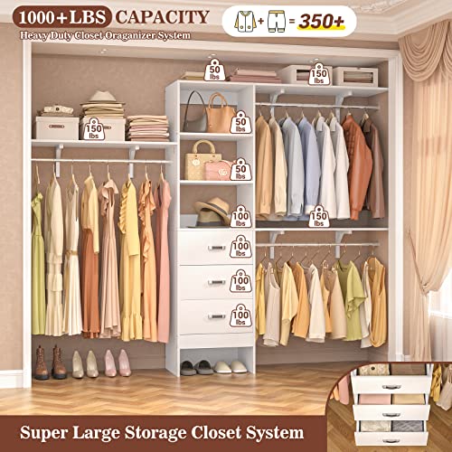 8FT Closet System, 96'' Closet Organizer System with 3 Hanging Rods, Wall Mount Bedroom Wardrobe with 3 Drawers Walk-in Closet, Adjustable Cloth Garment Rack from 5 to 8FT (Cut to Fit), White - color: White