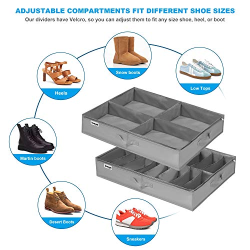 Under Bed Shoe Storage Organizer Set of 2, Fits 16+4 Pairs Boots Total, Underbed Shoe Box Storage Containers w/ Reinforced Handles, Clear Foldable Shoes Organizer Adjustable Dividers w/ Bottom Support - size: 16+4 Cells