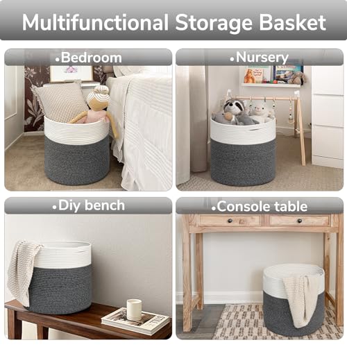 Goodpick Large Cotton Rope Basket, Blanket Basket Living Room 15.8"x15.8"x13.8" Baby Toy Storage, Woven Storage, Gray - color: White & Grey, size: 15.8x15.8x13.8 Inch (Pack of 1)
