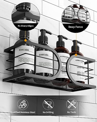 Shower Caddy No Drill Adhesive Wall Mounted SUS304 Stainless Steel Durable Large Capacity Shower Rack Organizer Quick Dry Rustproof Bathroom Storage Shelves - 2 Pack (Black) - color: Black, size: 2 Pack