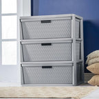 Gray Storage Drawer, 3 Drawer Plastic Weave Wide Tower with Pull Handles - color: Grey