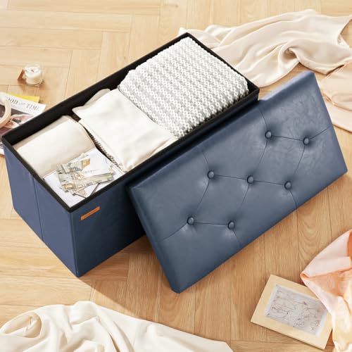HAUSFRAU - Storage Ottoman Bench, 30 Inches Button Tufted Upholstered Ottoman Footstool with Storage for Living Room Bedroom Entryway, Load 660 lb, Synthetic Leather, Navy Blue - color: Navy Blue, size: 15"D x 30"W x 15"H