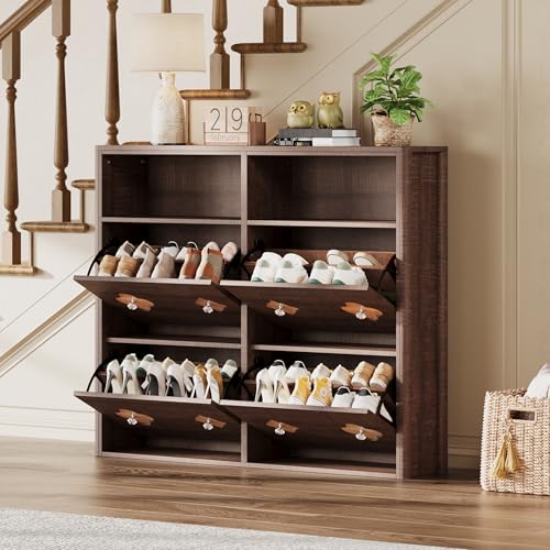 GarveeHome Shoe Cabinet with 4 Flip Drawers, Narrow Wood Shoe Organizer Cabinet with Floral Pattern, Freestanding Slim Shoe Rack Cabinet with Adjustable Shelves & Open Storage, for Entryway, Brown - color: Brownish-red, size: 4-Drawers