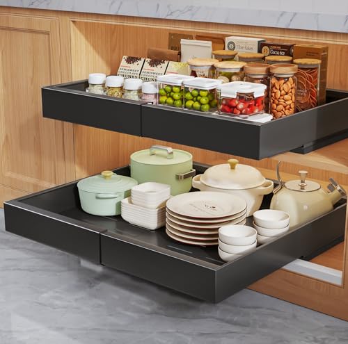 Seinloes 2 Pack Pull Out Cabinet Organizers 16.5" Deep With Raising Pad for Framed Cabinets,Expandable Slide Out Drawers Upgrade 3 Slide Rails,Roll Out Shelves,Adjustable Width 12.1"-20.45" Black - color: Black, size: 12.1"-20.45"Wide x 16.5"Deep(2 Pack)