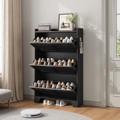 IDEALHOSUE Shoe Cabinet Storage for Entryway, Slim Shoe Storage Cabinet with 3 Flip Drawers, Freestanding Hidden Narrow Shoe Organizer Cabinet with Hooks for Entrance, Foyer, Hallay, Black - color: Black, size: 3-Drawers