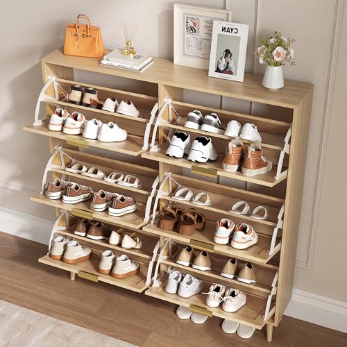 BORNOON Shoe Cabinet for Entryway with 6 Flip Drawers, Slim Wooden Shoe Storage Organizer with Modern Fluted Pannel，Freestanding Narrow Hidden Shoe Rack for Hallway, Foyer, Living Room - color: Oak, size: 6 Flip Drawers