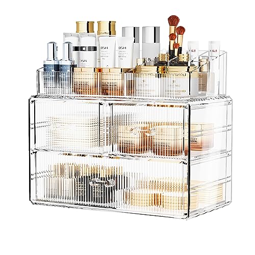 ZHIAI Stackable Cosmetic Organizer, Acrylic Cosmetic Organizer for Dresser, Vanity, Kitchen Cabinet, Bathroom, Under Sink, Home Organization and Storage (1 Top 3 Drawers) - color: (1 Base, 2 Drawers) with Top