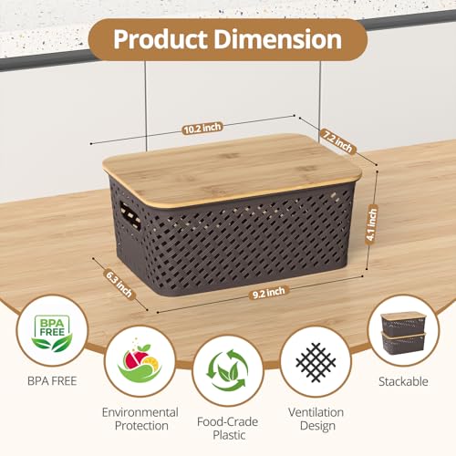 Plastic Storage Bins with Bamboo Lids, Stackable Small Box Baskets for Organizing and Containers for Shelves Drawers Desktop Closet Pantry Classroom Office Home, 6 Pack 10.2x7.2x4.1 Inch, Brown - color: Brown