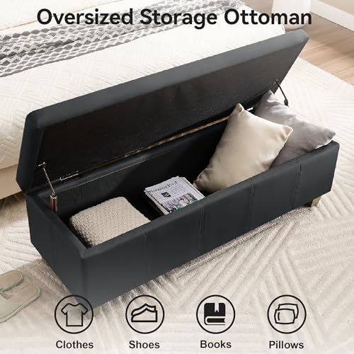 WUTUTUEE 51" Faux Leather Storage Ottoman, Stitch Tufted Rectangle Upholstered End of Bed Storage Bench, Entryway Large Couch Ottoman with Wooden Legs, Dark Black - color: Dark Black, size: 51 Inch