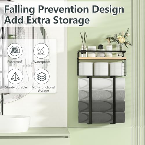 Xstydes Towel Racks for Bathroom, Metal Towel Holder with Storage Basket,Wall Towel Rack for Rolled Towels, Towel Storage for Small Bathroom. - color: Wood, size: Large