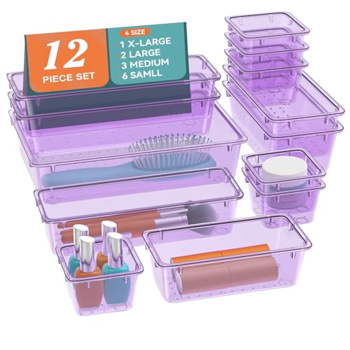 ElegantArray 12-Piece Drawer Organizer Set, 4 Sizes Versatile Plastic Vanity Organizer for Makeup, Stationery, Gadgets, in Kitchen, Bathroom, Office, and Bedroom, Purple - color: Purple, size: 12 PCS