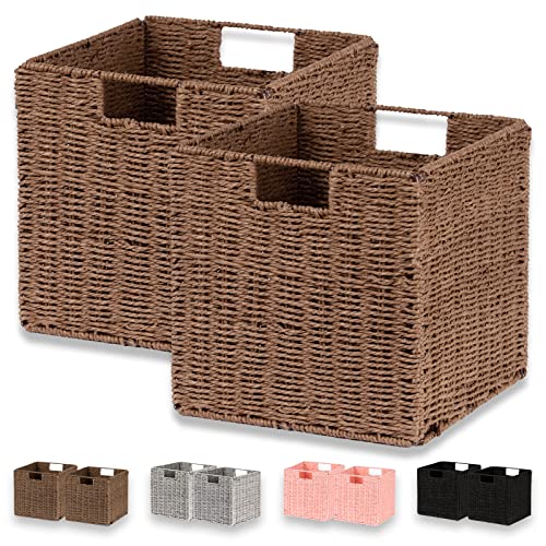 Vagusicc Wicker Basket, Set of 2 Hand-Woven Paper Rope Storage Baskets for Organizing, Foldable Cubby Storage Bins, 11 Inch Large Wicker Storage Basket, Square Baskets Cube Storage Organizer, Brown - color: Brown, size: 11'' x 11'' x 11''