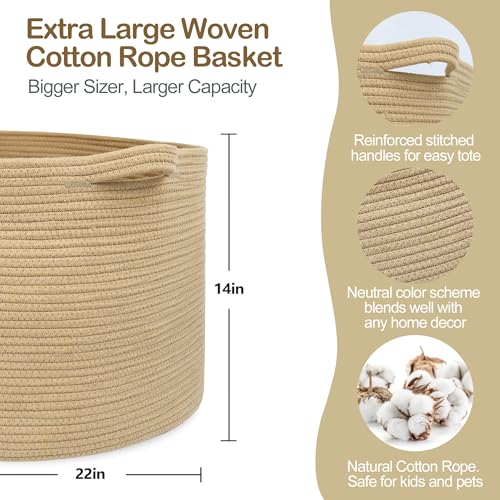 MEGASKET Extra Large Storage Basket, 22" X 22" X 14" Stuffed Animal Basket for Living Room Kids Room, Soft Cotton Rope Bin With Handle, Throw Blanket Storage, Stuffed Animal Toy Organizer Box - color: Jute, size: 22"x22"x14"