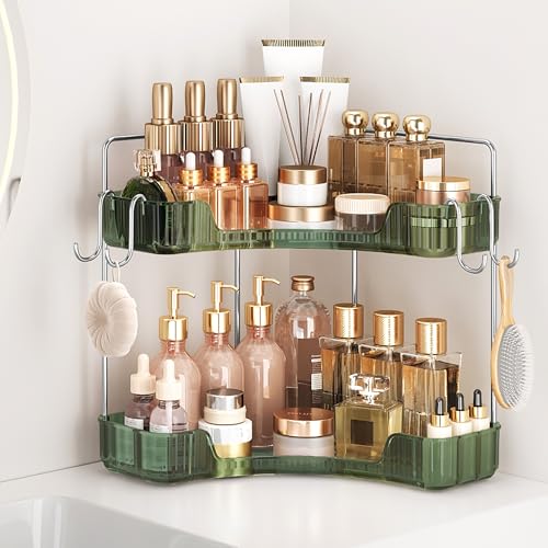 Corner Counter Organizer, 2-Tier Bathroom & Kitchen Storage Tray with Hooks | PET Green Vanity Organizer for Skincare, Makeup & Jewelry - color: Green, size: 2 Tier