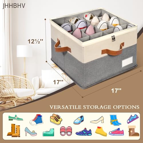 1 Pack Shoe Organizer for Closet, Adjustable Shoe Box Storage Containers, Large Foldable Shoe Bins with Clear Cover, Space Saving Shoes Holder with 4 Handles, Fits 8-16 Pairs, Beige - color: Beige and Grey, size: (1 Pack) 17"L x 17"W x 12 ½"H