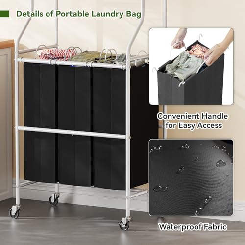 Laundry Sorter with Hanging Clothes Rack, Rolling Laundry Cart with Wheels & Shelf, 42 Gal (160L) 3 Section Basket Organizer, White
