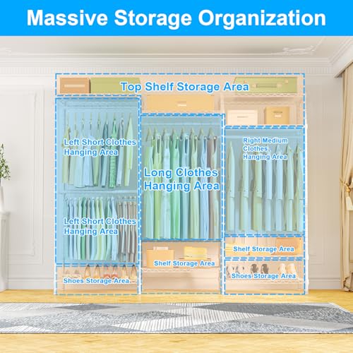 Ulif E13C Heavy Duty Closet Organizer System，Freestanding Clothing Racks for Hanging Clothes，Adjustable Garment Rack 63" W x 16" D x 77" H Hold 960 lbs，White Clothing Rack with Black Dustproof Cover - color: White Rack with Black Cover, size: E13C