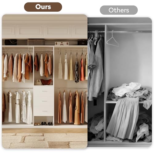 LINLUX 8FT Closet System 94'' Closet Organizer with 3 Drawers,4 Extendable Hanging Rods,Wood Closets Built In System Tower with Adjustable Shelves,Walk-in Closets Wardrobe Clothes Garment Rack(White)