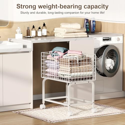 Wire Laundry Hamper Cart,80L Laundry Hamper Trolley with Pull Handle,White High Laundry Basket Cart for Laundry Room,Bathroom,Bedroom-White（23.6 * 15.75 * 28inch） - style: Medium Oblong-White