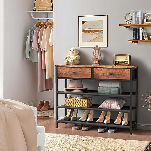 usikey Shoe Rack, 4 Tier Shoe Storage Organizer with 2 Drawers, Metal Shoe Shelf for 12-15 Pairs of Shoes, with 3 Oxford Fabric Shelves and Wooden Top, Shoe Stand for Entryway, Rustic Brown UNYXJX008F - color: 4 Tier ( 36.2 X 11 X 29.5 Inches)-rustic Brow