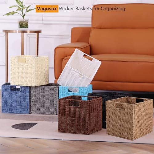 Vagusicc Wicker Storage Basket, Set of 2 Hand-Woven Paper Rope Wicker Baskets, Foldable Cube Storage Bins, Beige Storage Basket, Square Baskets for Organizing Shelves & Decor, Beige(13″×13″×13″) - color: Beige, size: 13'' x 13'' x 13''