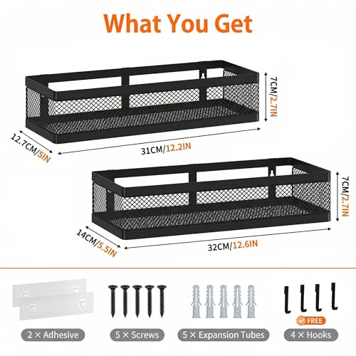 PUSDON Mesh Shower Caddy Wall Mount, Heavy Duty Adhesive Bathroom Shelf Organizer, Rustproof Floating Spice Rack for Kitchen Pantry, Holds 50 LBS, Multi-Purpose Storage Black-2 Packs (Netting) - color: Matte Black, size: Full Mesh (12.6" Wide)