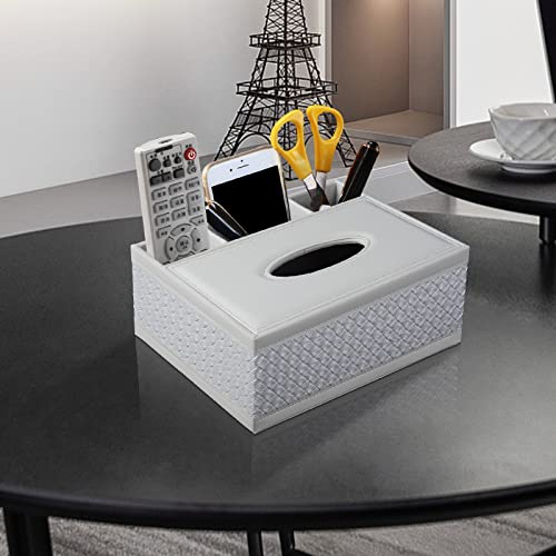 Tissue Box Cover Rectangle White Kleenex Box Holder PU Leather Facial Tissue Organizer,Multifunctional Remote Control Stationery Storage Box,Home Office Supplies Car Napkin Caddy - color: Multifunctional Tissue Box-white Weave