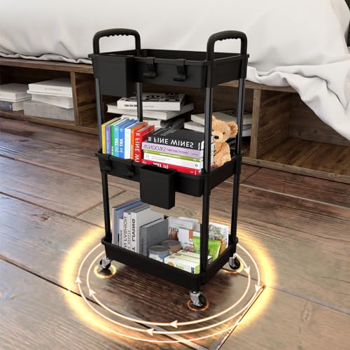 3 Tier Rolling Utility Cart with Handle,REBECAT Utility Cart Made of Multifunctional Storage Organizer Tool for Kitchen,Bathroom,Living Room,Office(Black) - color: Black