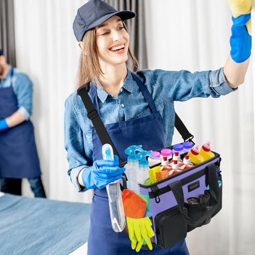 Wearable Cleaning Caddy Bag,Cleaning Supply Tote for Cleaning Supplies, Cleaning Organizer with Adjustable Shoulder and Waist Straps for Cleaners & Housekeepers (Purple and Black, Large) - color: Black-Purple, size: Large