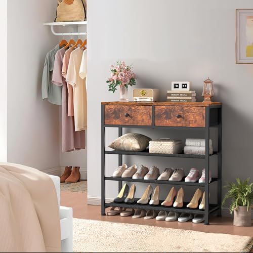 usikey Shoe Rack, 4 Tier Shoe Storage Organizer with 2 Drawers, Metal Shoe Shelf for 9-12 Pairs of Shoes, with 3 Oxford Fabric Shelves and Wooden Top, Shoe Stand for Entryway, Rustic Brown UNYXJX012F - color: 4 Tier ( 28.3 X 11 X 29.5 Inches)-rustic Brown