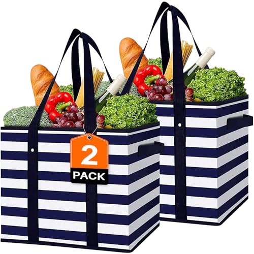 WISELIFE 2 Pack Reusable Grocery Bags Large Water Resistant Grocery Collapsible Heavy Duty Tote Bags for Shopping Picnic - color: Blue, size: 2 PCS