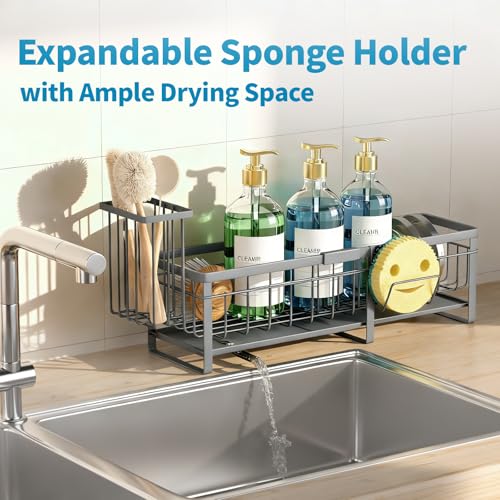 Aurblozen Extra Large Extendable Sponge Holder for Kitchen Sink, Rustproof Sink Caddy Organizer with High Brush Holder, Dish Soap Dispenser Organizers and Storage (Gray) - color: Gray