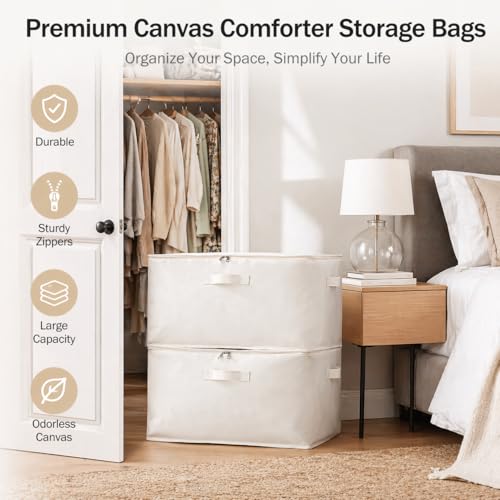 3-Pack Large Canvas Comforter Storage Bags for Clothes Sweater Clothes Organizer with Dual Zipper Three Carrying Handles for Blanket Closet Storage Container - color: Natural color, style: 3 Pack