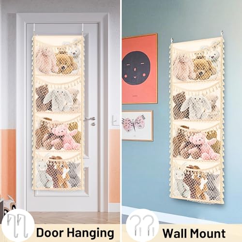 Over The Door Stuffed Animal Storage, Cotton Toy Organizer for Storage Plush Toys,Baby Supplies, Stuffed Animal Holder with 4 Large Pockets, Hanging Door Organizer for Nursery, Bedroom (Tassel) - color: Tassel, size: Normal