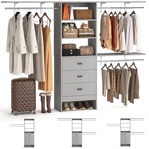 iSunirm 8FT Closet System, 96'' Closet Organizer System with 3 Hanging Rods, Wall Mount Bedroom Wardrobe with 3 Drawers Walk-in Closet, Adjustable Cloth Garment Rack from 5 to 8FT (Cut to Fit), Grey - color: Grey