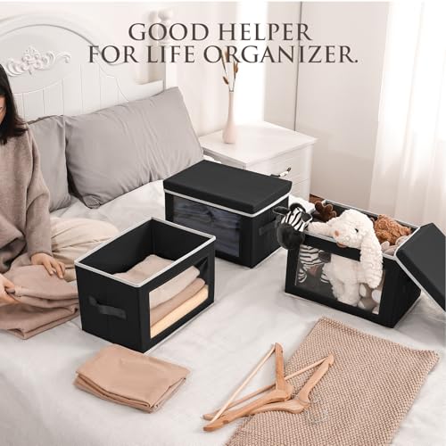 Homsorout Storage Boxes with Lids, Collapsible Storage Bins with Handles, Closet Storage Baskets with Window, Fabric Storage Containers for Organizing Clothes, Towels, Books, 3 Packs, Black - color: Black, size: L(3-Pack)