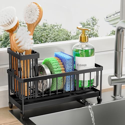 Cisily Sponge Holder for Kitchen Sink, Sink Caddy Organizer with High Brush Holder, Kitchen Countertop Organizers and Storage Essentials, Rustproof 304 Stainless Steel (Black, 9.25″) - color: Black