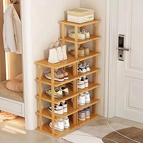 Bamboo Shoe Rack 12 Tier- Vertical Shoe Rack for Small Spaces, Tall Narrow Shoe Rack Organizer for Closet Entryway Corner Garage and Bedroom,Skinny Shoe Shelf with Free Stackable DIY - color: Original Color, size: 12-tier