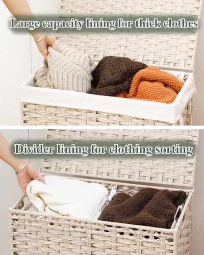 SETVSON Laundry Hamper with Lid Wicker Laundry Basket 112 L (29.6 Gal) Laundry Hampers Handwoven Rattan Clothes Hamper with Handles 3 Removable Liner Bag, 6 Mesh Bags for Bathroom Bedroom Light Khaki - color: Light Khaki, size: 29.6 Gal