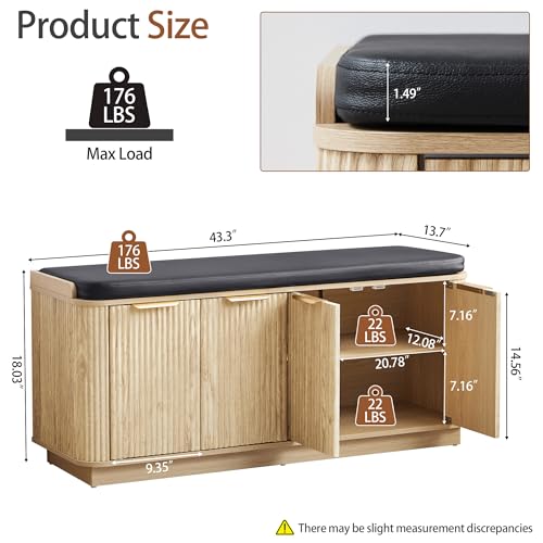 Fluted 2-Tier Entryway Shoe Bench with Doors and Adjustable Shelf, 43.3'' Wide Shoe Storage Bench with Cushion Seat for Entrance, Hallway, Living Room, End of Bed - Natural - size: Door-natural